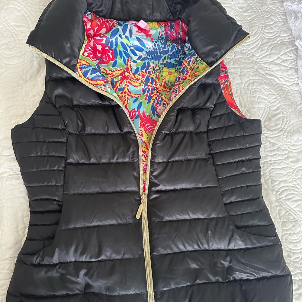 Lilly Pulitzer Black Puffer Vest with Floral Lining
